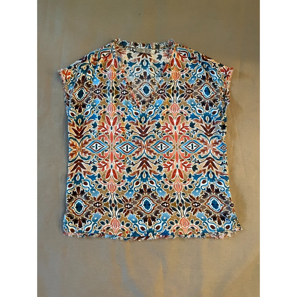 Go Silk Top Sz S  Go by GoSilk Turkish Tile Print  Raw Edge Hem Luxury Washable - Picture 2 of 9